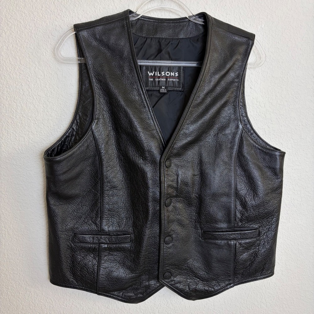 Vintage 90s Y2K Wilsons Men's Medium Black Leather Snap Down Moto Western Vest
